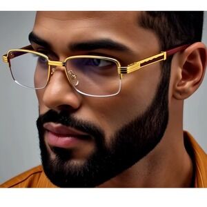 Gold Frame Glasses Wood Temple Rectangular Eyeglasses Men Rimless Migos‎ Buffs
